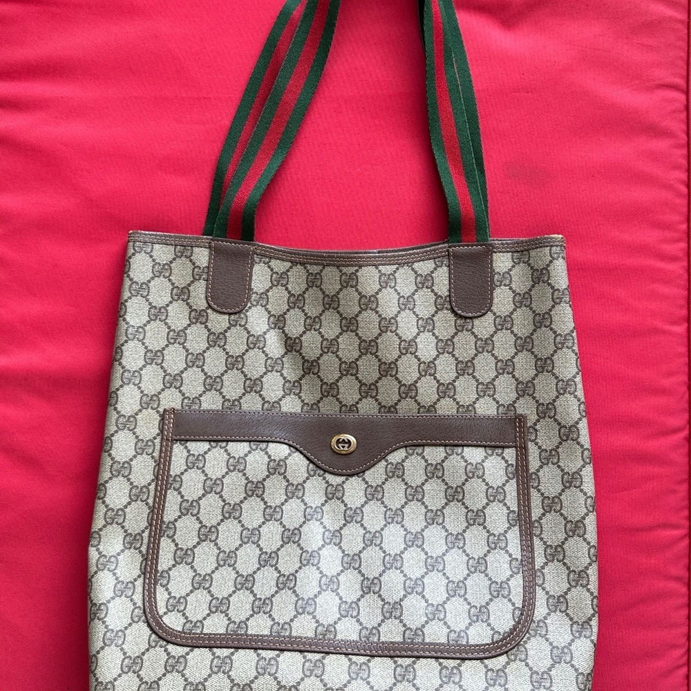 Gucci Beige/Brown Monogram Tote with Green/Red Striped Straps